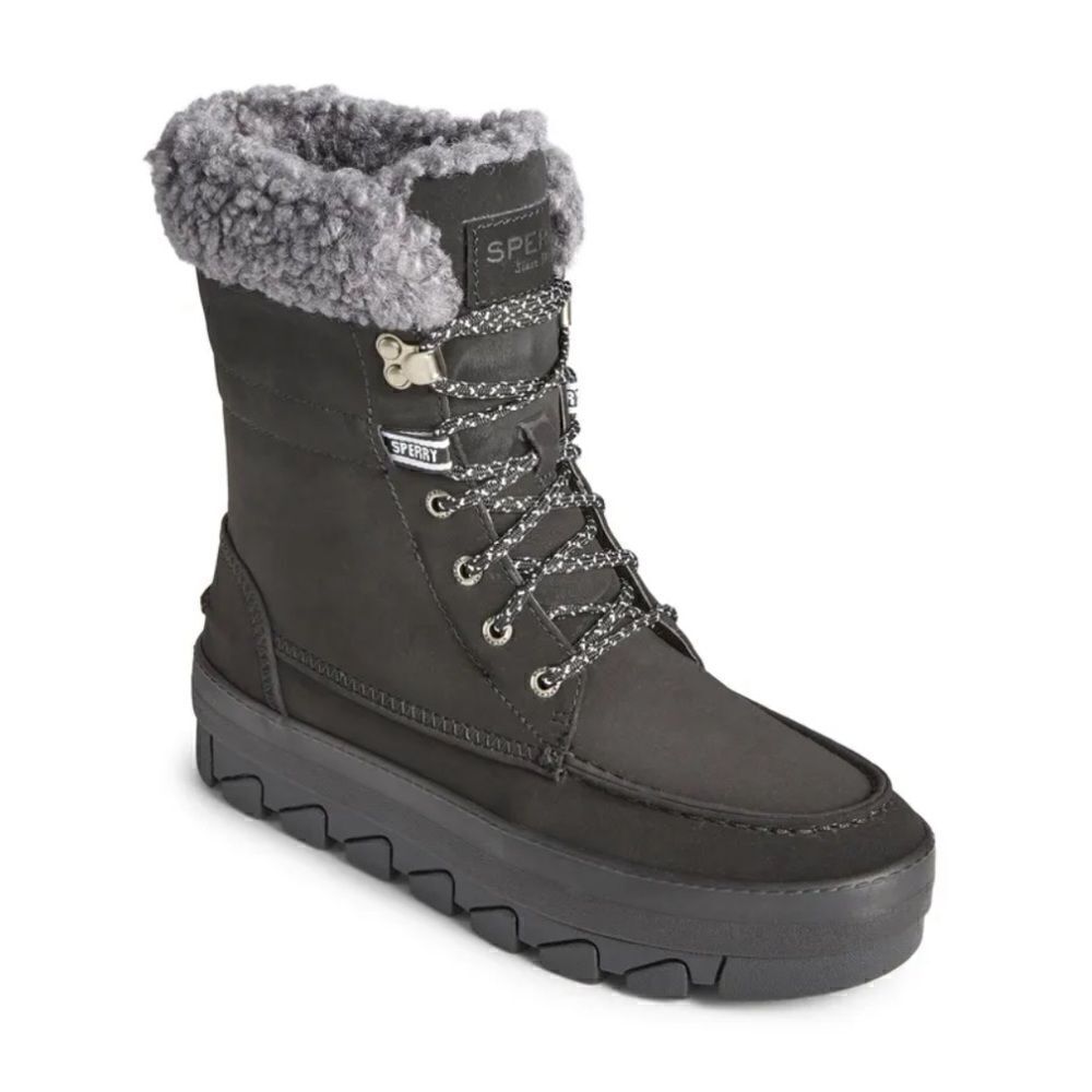 Sperry Juneau High Top Hiking Boot Faux Fur Collar Black Suede 7.5 NWOB